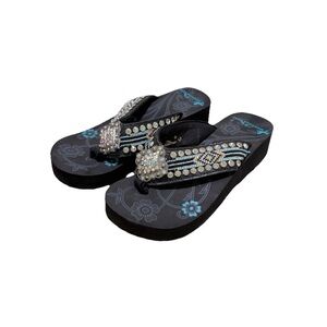 MONTANA WEST Rhinestones Beaded Flip flop Wedges Size 10 Y2K Blue Wedge Sandals